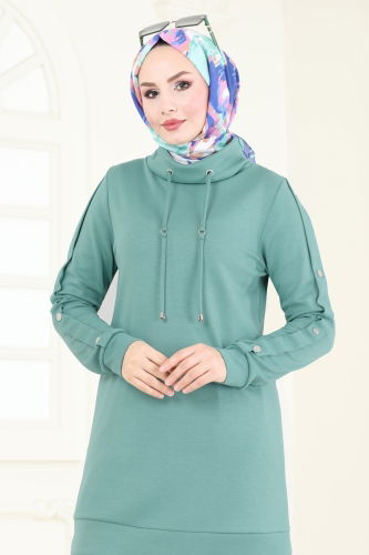 moda selvim Aksesuar Düğmeli Modal Kumaş Takım 2556SL432 Mint - Thumbnail