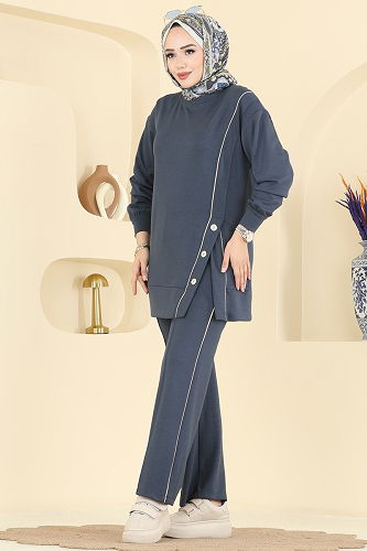 moda selvim Aksesuar Düğmeli Modal Takım 2644MSZ1172 Antrasit - Thumbnail