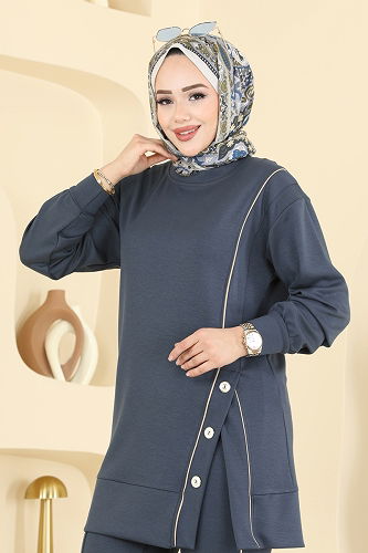 moda selvim Aksesuar Düğmeli Modal Takım 2644MSZ1172 Antrasit - Thumbnail