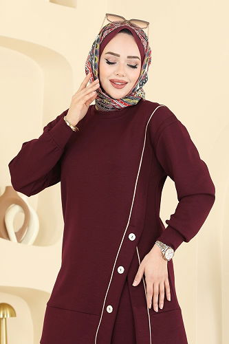 moda selvim Aksesuar Düğmeli Modal Takım 2644MSZ1172 Bordo - Thumbnail