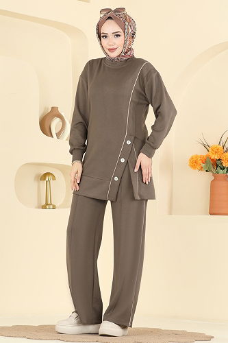 moda selvim Aksesuar Düğmeli Modal Takım 2644MSZ1172 Koyu Vizyon - Thumbnail