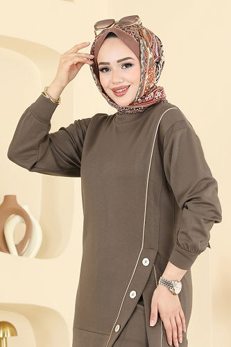 moda selvim Aksesuar Düğmeli Modal Takım 2644MSZ1172 Koyu Vizyon - Thumbnail