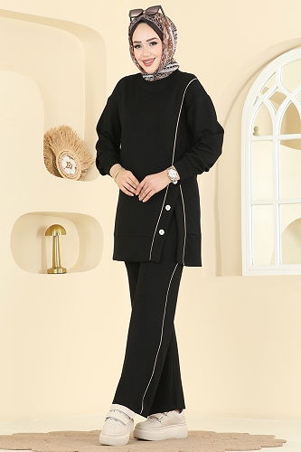 moda selvim Aksesuar Düğmeli Modal Takım 2644MSZ1172 Siyah - Thumbnail