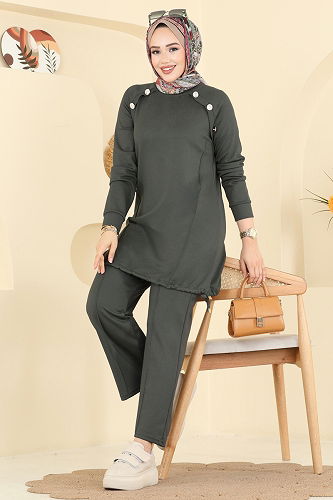 moda selvim Aksesuar Düğmeli Modal Takım 2733AYD574 Haki - Thumbnail