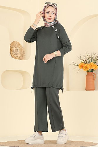 moda selvim Aksesuar Düğmeli Modal Takım 2733AYD574 Haki - Thumbnail