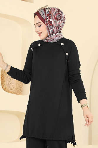 moda selvim Aksesuar Düğmeli Modal Takım 2733AYD574 Siyah - Thumbnail