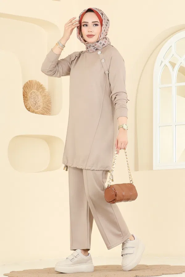 Modaselvim Kombin Aksesuar Düğmeli Modal Takım 2733AYD574 Taş