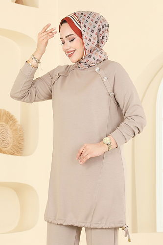 moda selvim Aksesuar Düğmeli Modal Takım 2733AYD574 Taş - Thumbnail