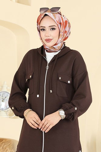 moda selvim Aksesuar Düğmeli Modal Takım 2748AYD574 Kahve - Thumbnail