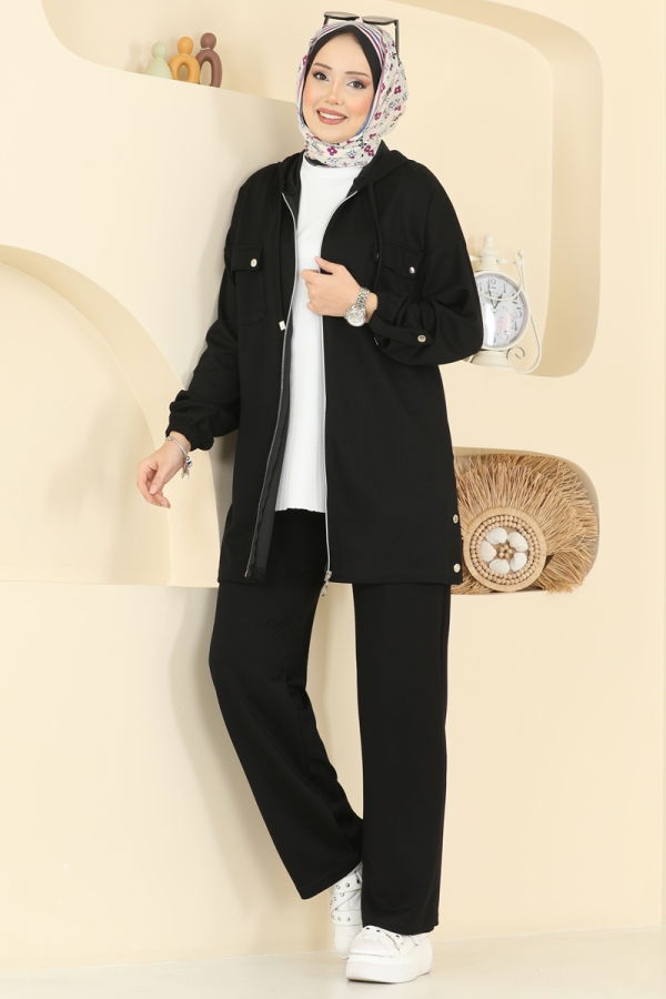 Modaselvim Kombin Aksesuar Düğmeli Modal Takım 2748AYD574 Siyah