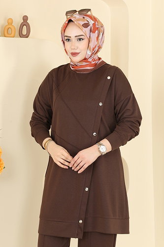 moda selvim Aksesuar Düğmeli Modal Takım 2784AYD574 Kahve - Thumbnail