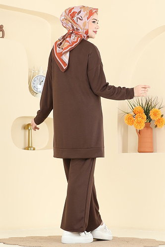 moda selvim Aksesuar Düğmeli Modal Takım 2784AYD574 Kahve - Thumbnail