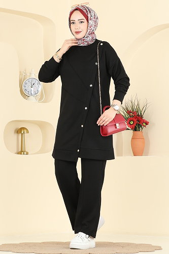 moda selvim Aksesuar Düğmeli Modal Takım 2784AYD574 Siyah - Thumbnail