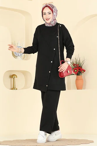 moda selvim Aksesuar Düğmeli Modal Takım 2784AYD574 Siyah - Thumbnail