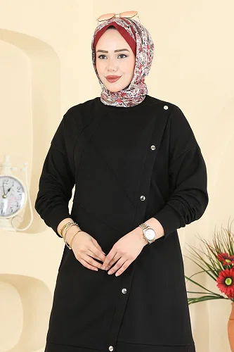 moda selvim Aksesuar Düğmeli Modal Takım 2784AYD574 Siyah - Thumbnail