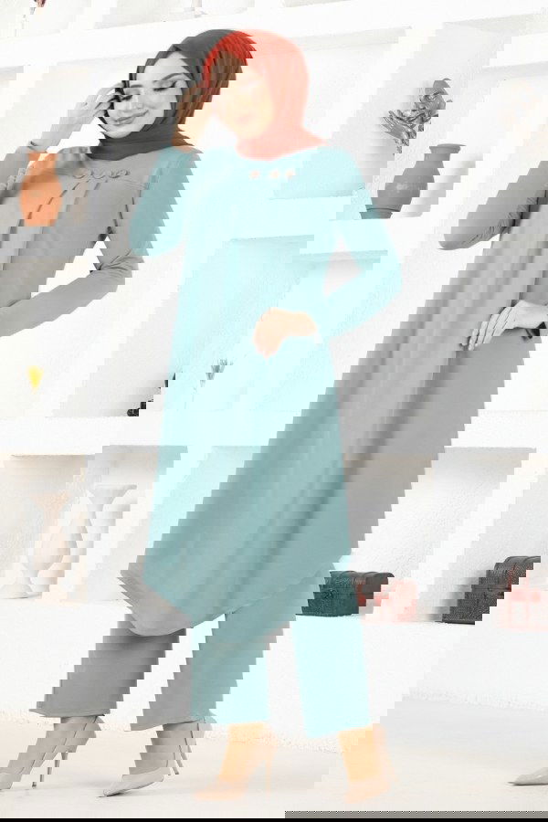 Modaselvim SEPETTE NET %20+%20 İNDİRİM Aksesuar Düğmeli Pantolonlu Takım MSL6009 Mint