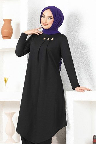 moda selvim Aksesuar Düğmeli Pantolonlu Takım MSL6009 Siyah - Thumbnail