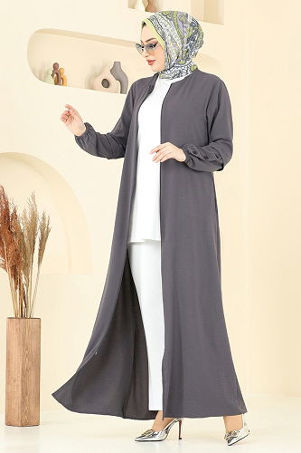 moda selvim Aksesuar Düğmeli Pardesü Ferace 3534MP806 Antrasit - Thumbnail