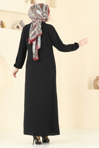 moda selvim Aksesuar Düğmeli Pardesü Ferace 3534MP806 Siyah - Thumbnail