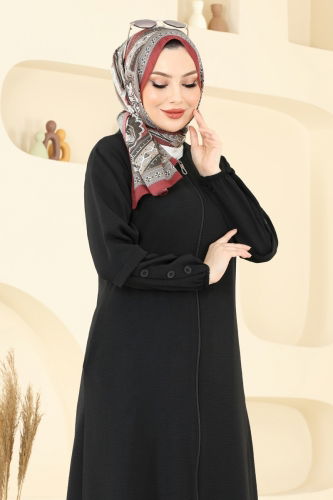 moda selvim Aksesuar Düğmeli Pardesü Ferace 3534MP806 Siyah - Thumbnail