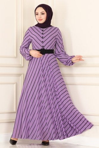 moda selvim Aksesuar Düğmeli Şifon Elbise 5148AL357 Lila - Thumbnail