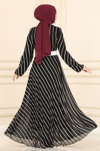 moda selvim Aksesuar Düğmeli Şifon Elbise 5148AL357 Siyah - Thumbnail