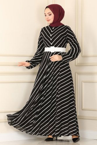 moda selvim Aksesuar Düğmeli Şifon Elbise 5148AL357 Siyah - Thumbnail