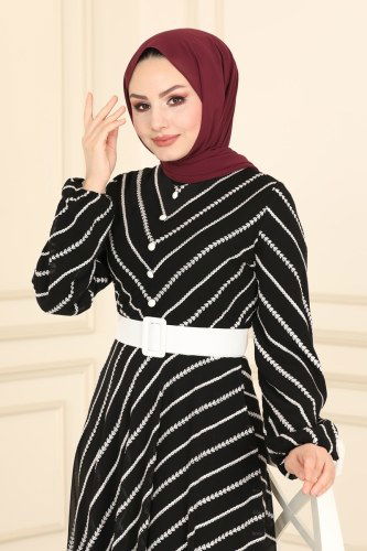 moda selvim Aksesuar Düğmeli Şifon Elbise 5148AL357 Siyah - Thumbnail
