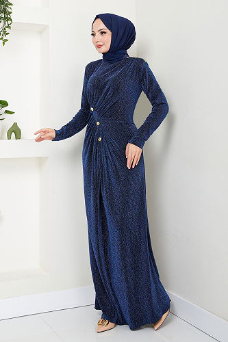 moda selvim Aksesuar Düğmeli Simli Abiye 3010BSS1025-M Laci - Thumbnail