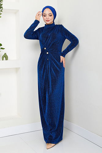 moda selvim Aksesuar Düğmeli Simli Abiye 3010BSS1025-M Saks - Thumbnail