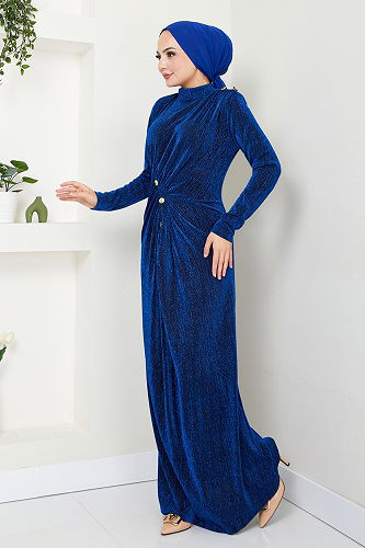 moda selvim Aksesuar Düğmeli Simli Abiye 3010BSS1025-M Saks - Thumbnail