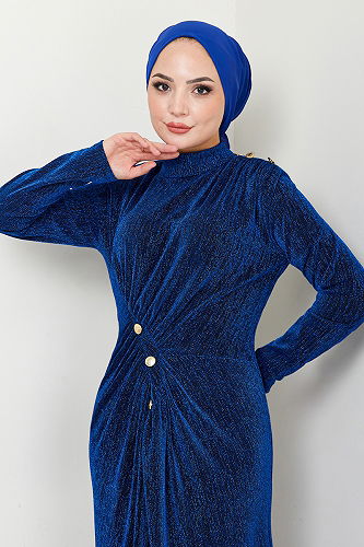 moda selvim Aksesuar Düğmeli Simli Abiye 3010BSS1025-M Saks - Thumbnail