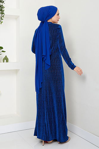 moda selvim Aksesuar Düğmeli Simli Abiye 3010BSS1025-M Saks - Thumbnail