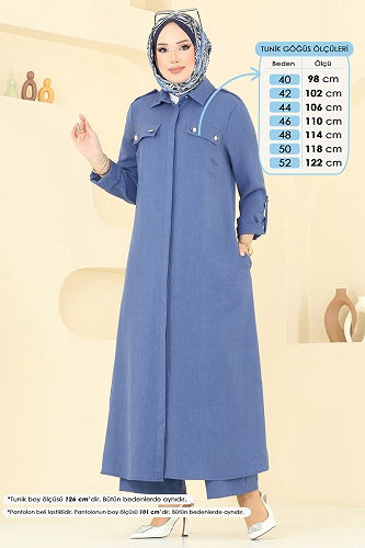 moda selvim Aksesuar Düğmeli Sofia Takım 23017UKB139 İndigo - Thumbnail