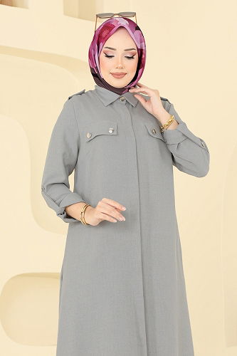 moda selvim Aksesuar Düğmeli Sofia Takım 23017UKB139 Koyu Gri - Thumbnail