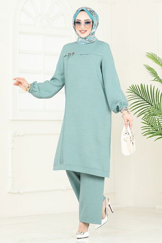 moda selvim Aksesuar Düğmeli Takım 366DVL817 Açık Mint - Thumbnail