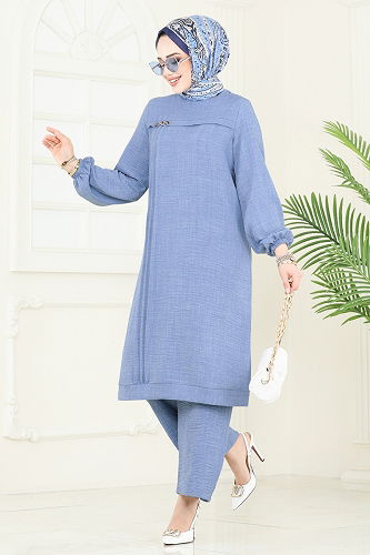 moda selvim Aksesuar Düğmeli Takım 366DVL817 Mavi - Thumbnail