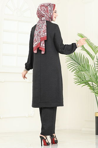 moda selvim Aksesuar Düğmeli Takım 366DVL817 Siyah - Thumbnail