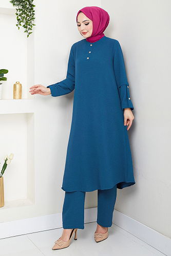 moda selvim Aksesuar Düğmeli Takım 4012MH1062-M Petrol - Thumbnail