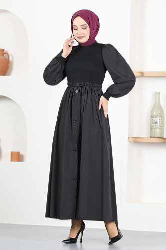moda selvim Aksesuar Düğmeli Terikoton Elbise MSL3000 Siyah - Thumbnail