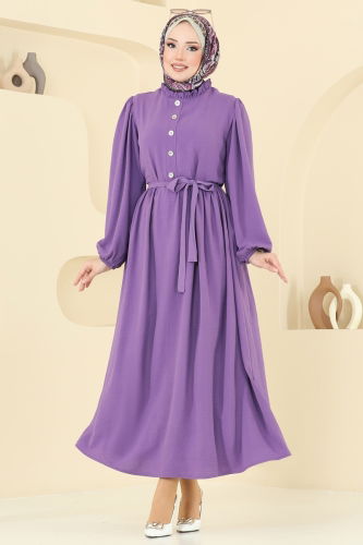 moda selvim Aksesuar Düğmeli Tesettür Elbise 1260BM387 Koyu Lila - Thumbnail