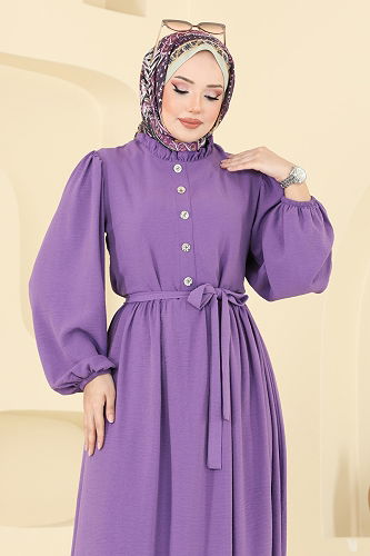 moda selvim Aksesuar Düğmeli Tesettür Elbise 1260BM387 Koyu Lila - Thumbnail