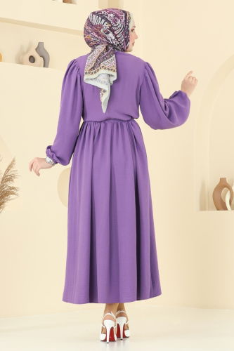 moda selvim Aksesuar Düğmeli Tesettür Elbise 1260BM387 Koyu Lila - Thumbnail
