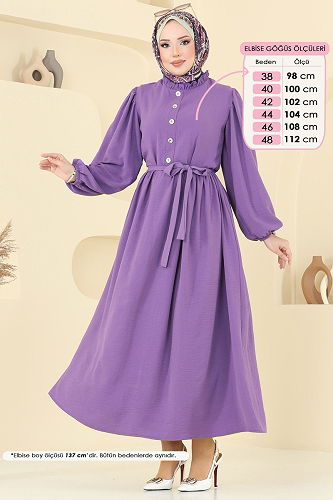 moda selvim Aksesuar Düğmeli Tesettür Elbise 1260BM387 Koyu Lila - Thumbnail