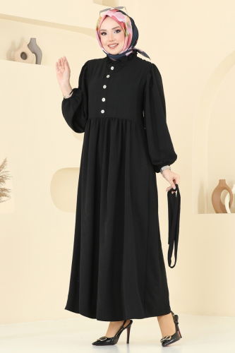 moda selvim Aksesuar Düğmeli Tesettür Elbise 1260BM387 Siyah - Thumbnail