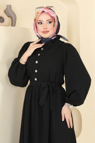 moda selvim Aksesuar Düğmeli Tesettür Elbise 1260BM387 Siyah - Thumbnail