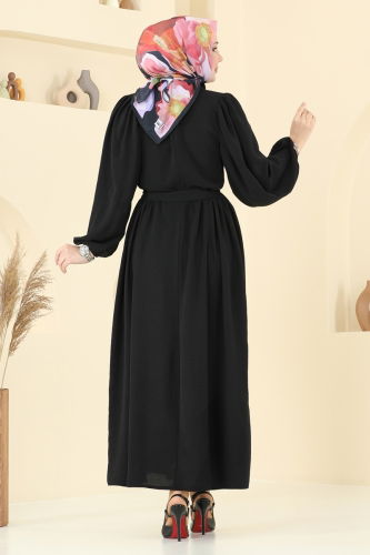 moda selvim Aksesuar Düğmeli Tesettür Elbise 1260BM387 Siyah - Thumbnail