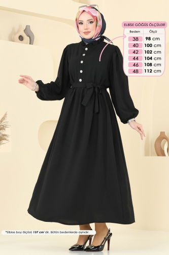 moda selvim Aksesuar Düğmeli Tesettür Elbise 1260BM387 Siyah - Thumbnail