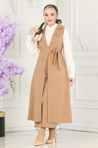moda selvim Aksesuar Düğmeli Tesettür Takım 1984UKB139 Latte - Thumbnail