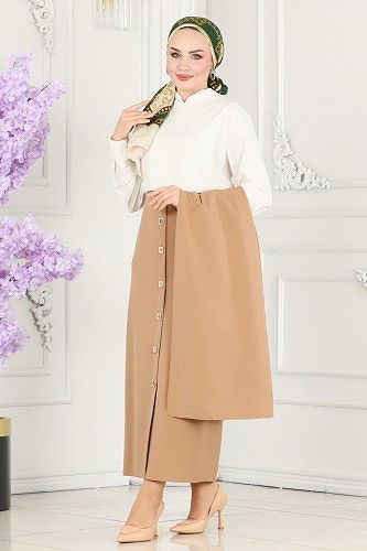 moda selvim Aksesuar Düğmeli Tesettür Takım 1984UKB139 Latte - Thumbnail